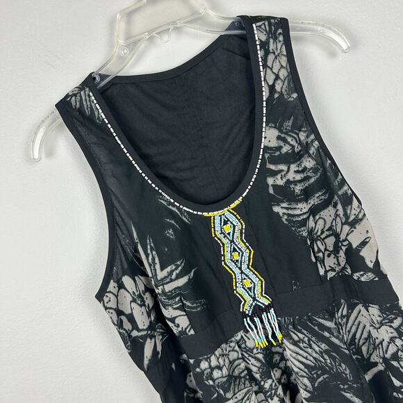 Desigual Boho Leaf Print Sleeveless Bead Detail Midi Dress L - Picture 3 of 5